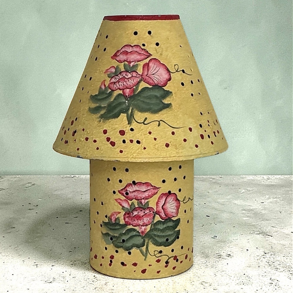 Vintage Hand Painted Galvanized Metal Jar Candle Lamp Yellow Floral 2000